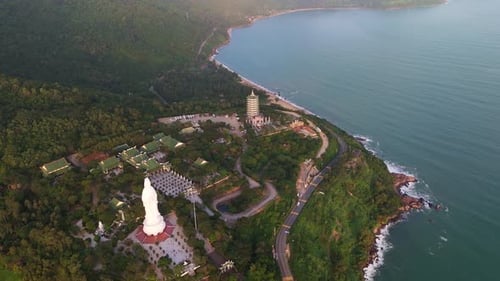 Bird's eye view of Linh Ung Pagoda complex and giant Lady Buddha statue. Majestic Buddhist