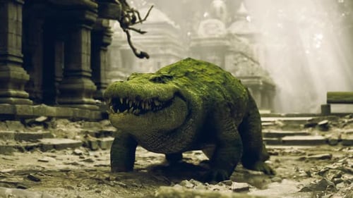 Crocodile marchant dans d'anciennes ruines envahies par la mousse et la végétation