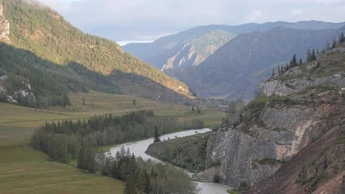 Mountain panorama of beautiful valley in Altai mountains. Altai Mountain range, North Altai.
