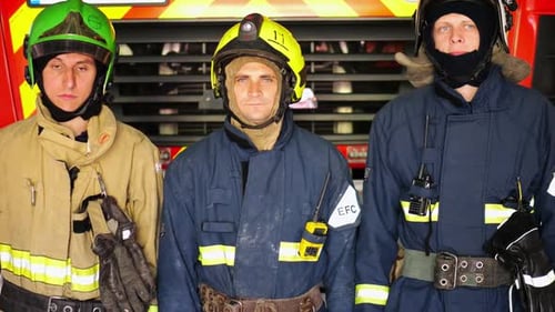 Serious Firefighters in Uniform Standing by Fire Engine