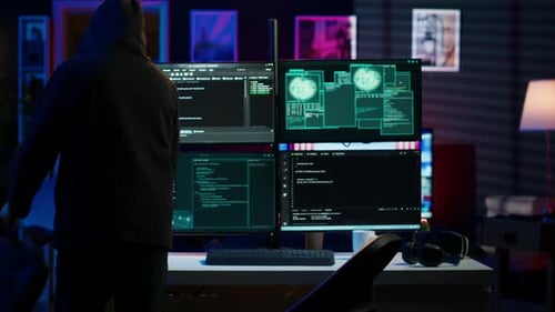 Hacker Arriving in Underground HQ Ready to Start Coding Malware