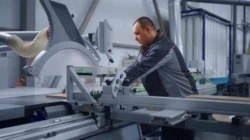 Saw Workshop in Furniture Factory Man is Working with Modern CNC Machine Industrial Production