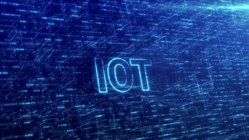 IOT- oder Internet-of-Things-Konzept über blaues futuristisches Technologienetzwerk mit HD-Hintergrund
