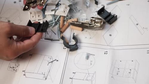 - Ils déplient le schéma de montage du meuble et déversent les accessoires et les éléments de fixation.