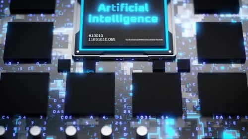 A câmera se move ao longo do quadro eletrônico e mostra o chip AI. Desenvolvimento do sistema de IA.