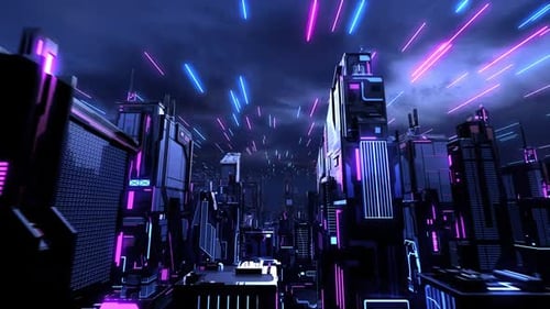Futuristic Sci-Fi City: A Flight above Cyberpunk Cityscape