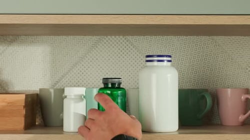Hand Takes Green Pill Bottle off Shelf