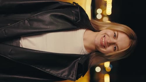 Vertical Video Succesful Smiling Young Woman Looking at Camera Standing Outside