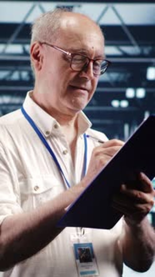 Man Writing on Clipboard in Office Setting