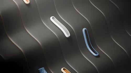 3D-Animation in Schleifenform von Glas- und Kunststoffelementen, die sich über eine wellenförmige Metalloberfläche bewegen