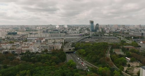 Aerial View of the Roofs of Buildings Streets and Avenues with Car Traffic Modern and Classical