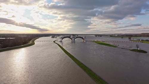 Aerial view of flooded wetlands and river landscape, Netherlands.