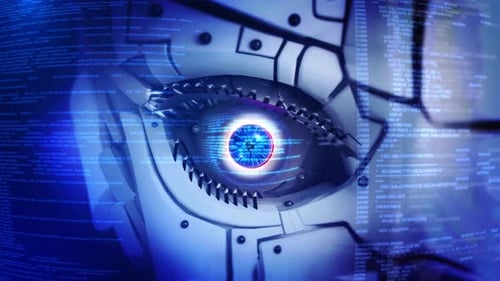 Futuristic AI Robot Eye Scanning Digital Data Loop