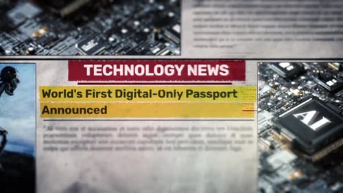 Animated Technology News Display with AI and Digital Passports