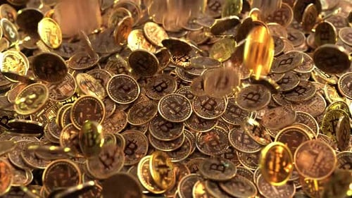 Dynamic Animation of Falling Gold Bitcoin Coins Piling Up