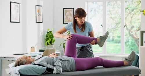 Physiotherapy, legs and woman with patient in clinic for knee pain, consultation