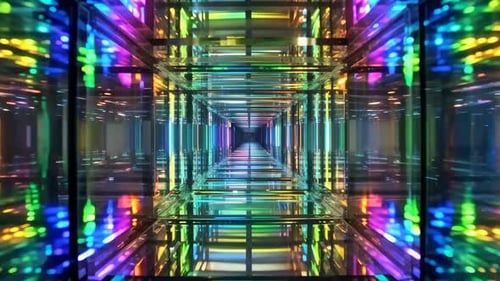 Motion through colorful glass neon corridor with reflections