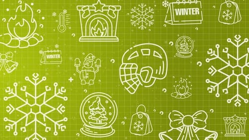 Doodle Winter Holiday Icons Linienkunst, nahtloses Muster mit Partikeln auf gelbem Hintergrund