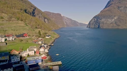 Drone dolley shot of the calm nature in the Aurlandsfjord in Norway.