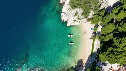 Amazing aerial view of the beautiful Podrace beach in Brela, Makarska Riviera, Croatia. Aerial view