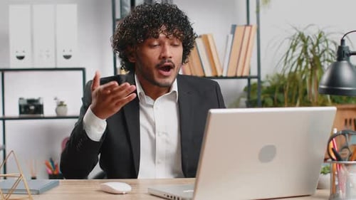Angry Businessmanin Ceo Making Laptop Call Conversation at Home Office Quarrel Conflict Negotiation