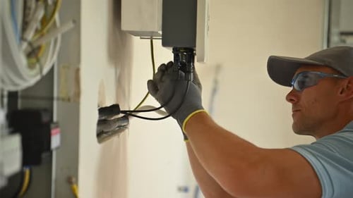 Professional Electrician Installing Solar Panel Power Station
