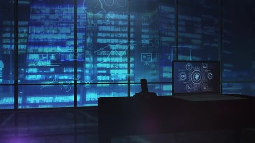 Gráficos de segurança cibernética na tela do laptop no Dark Office