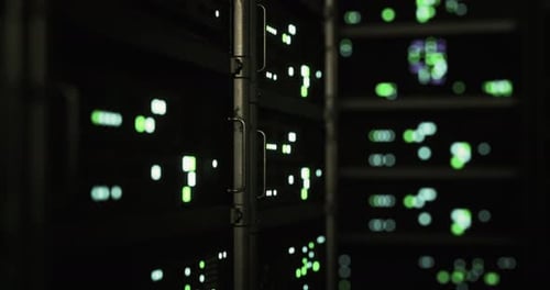 Data Center with Illuminated Servers Showcasing Technology and Connections