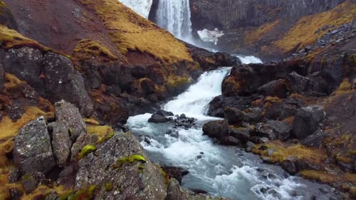 Scenic Waterfall in Iceland Pure Glacier River In Icelandic Mountains Autumn Colours Epic Aerial