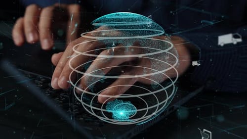 Digitale Erde mit Technologie-Ikonen und menschlichen Händen, die für globale Konnektivität und Datensichtbarkeit sorgen