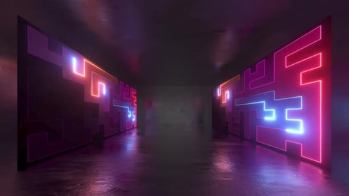 Wide digital screens show glowing neon lines in the shape of geometric labyrinth