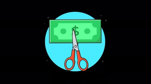 Red Scissors Cutting Dollar. Reducing Cost Concept Animation Video - Transparent