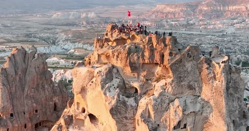Aerial View of Natural Rock Formations in the Sunset Valley with Cave Houses in Cappadocia Turkey