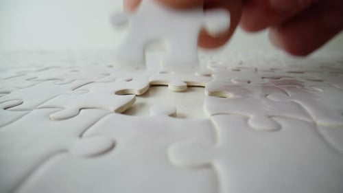 Fingers Placing Last Puzzle Finishing Closeup Unknown Person Assembling Jigsaw