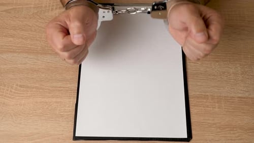 Close Up of Hands in Handcuffs Above Blank Paper