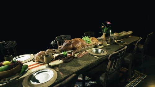 Savoring Roasted Turkey Amidst Rustic Charm and Antique Tableware Atmosphere