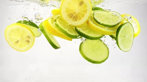 Lemon and Lime Slices Falling into Water