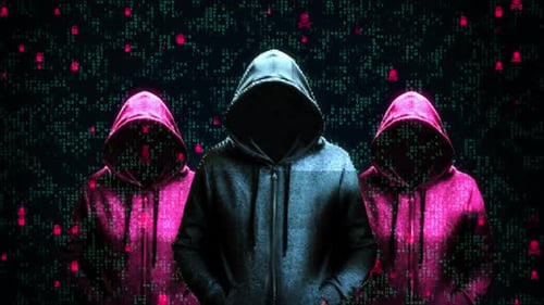 Glitch Effect on Hooded Hackers in Digital Matrix Background