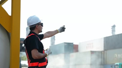 Rear view of a professional male engineer in safety gear gesturing and pointing towards a container