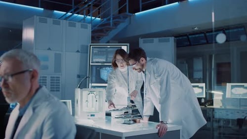 Scientists collaborating in a modern research laboratory