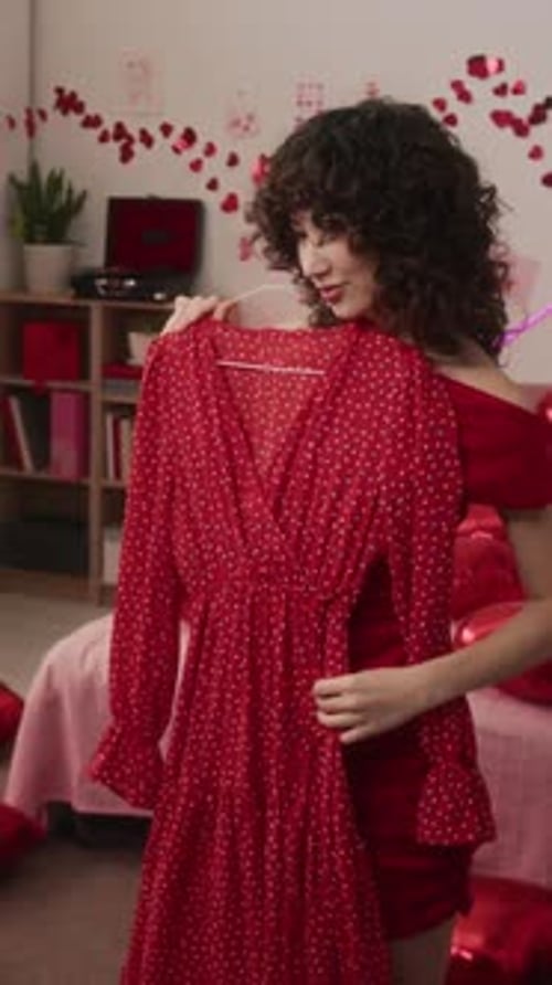 Vertical of Elegant Girl Looking in Mirror Holding Hanger with Polka Dot Dress