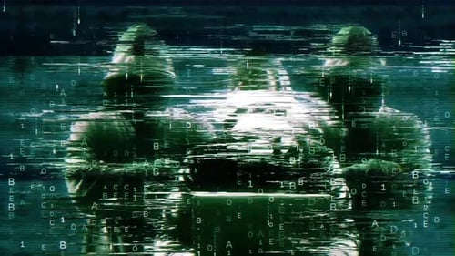 Cyber Hackers with Glitch and Binary Code Background