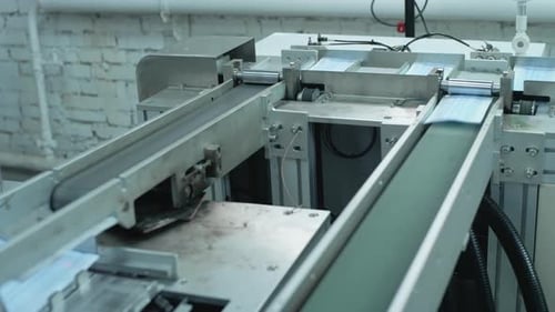 Machine Producing Surgical Masks on Conveyor Belt