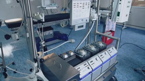 Contemporary surgical equipment in clinic. Medical devices for surgery in empty operating room.