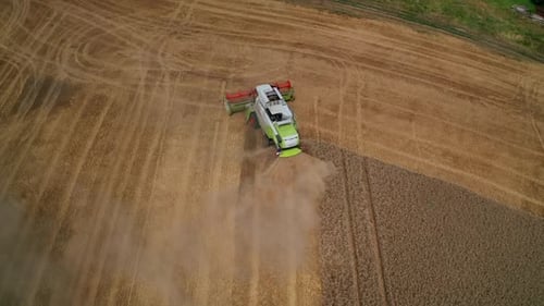 Powerful mowing machine finished cutting the row. Harvester makes a turn in the field.