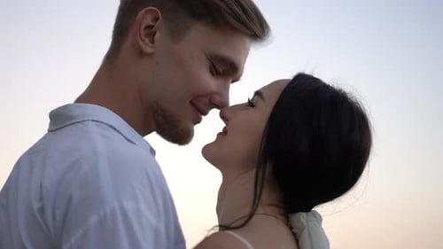 Romantic Couple Embracing on a Beach at Sunset