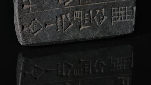 Close-Up of Ancient Cuneiform Writing on Stone Tablet