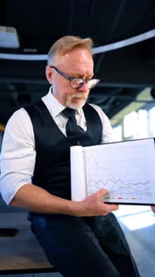 Male entrepreneur pointing at different charts in his hands.