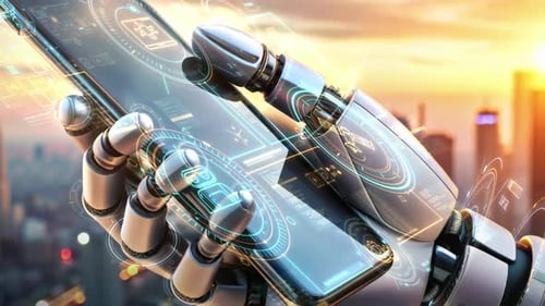 Futuristic Robot Hand Holding Smartphone with Digital Interface