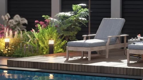 Exterior design details, close-up shot, two sun loungers by the pool.